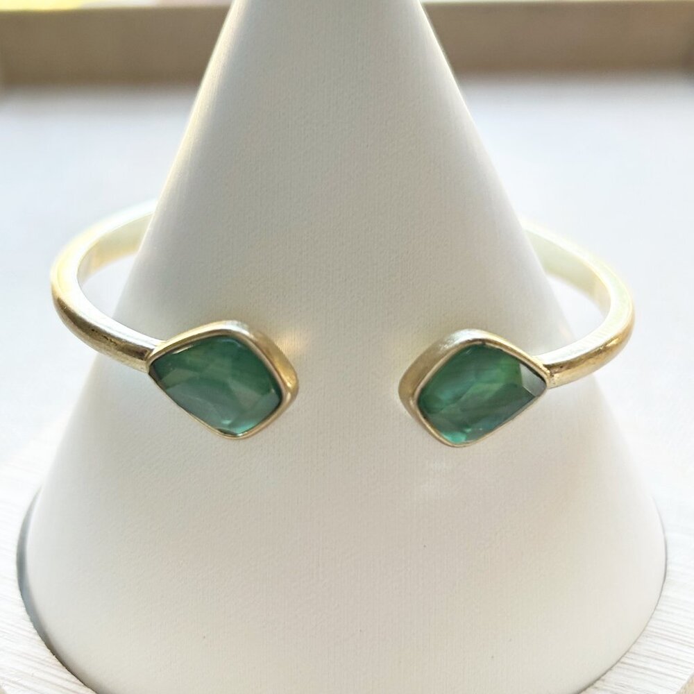 Lucky Brand Green Stone Open Cuff Gold Tone Hinged Bracelet